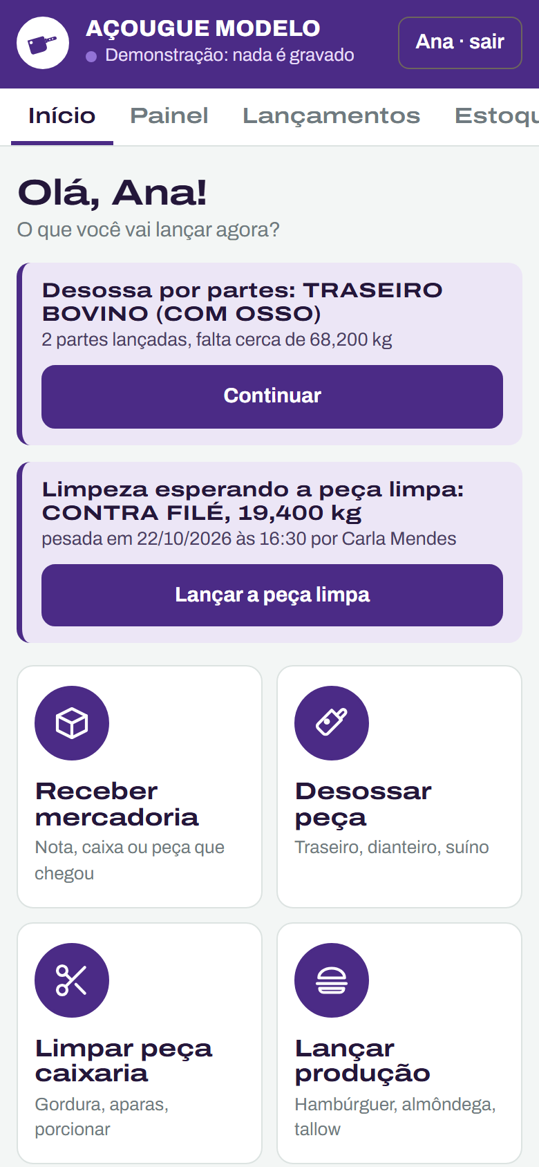 Tela inicial do app: a desossa por partes em andamento, a limpeza esperando a peça limpa e os botões de lançar mercadoria, desossa, limpeza e produção
